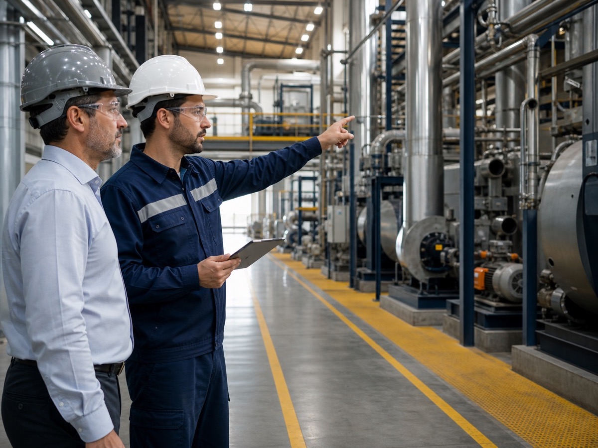 Consultor realizando una inspección técnica de seguridad en una planta industrial